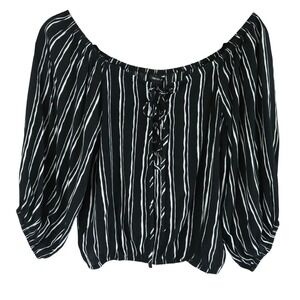 NEW Forever 21 Black Striped Lace Up Off Shoulder Top Womens Size Large